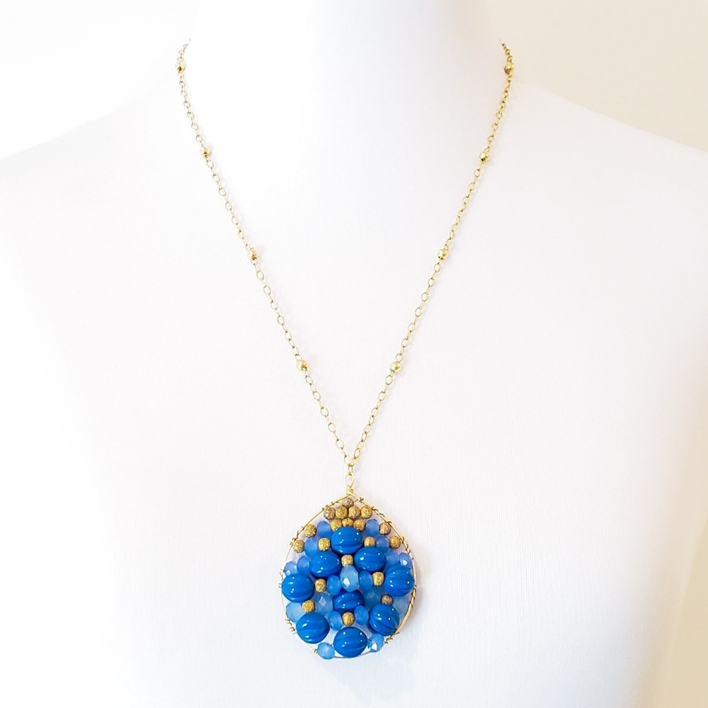 Vintage 14K GF Artisan Necklace Blue Boho Luxe